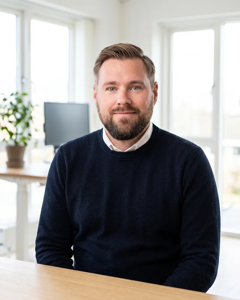 Rådgiver fra 3Dindustriprint ved skrivebordet i et lyst kontor, klar til en snak om din opgave