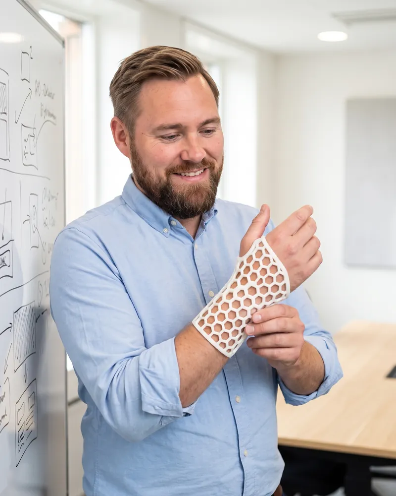 Rådgiver fra 3Dindustriprint, der prøver en 3D-printet håndledsortose i nylon