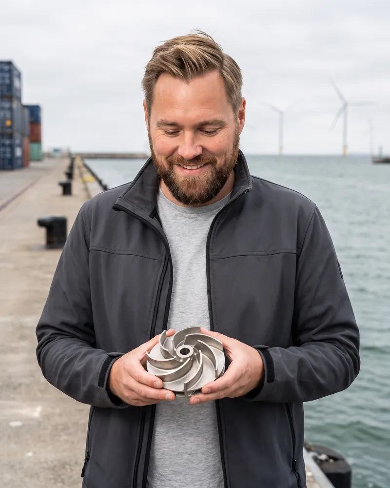 Rådgiver fra 3Dindustriprint på en havnekaj med et 3D-printet pumpehjul i rustfrit stål